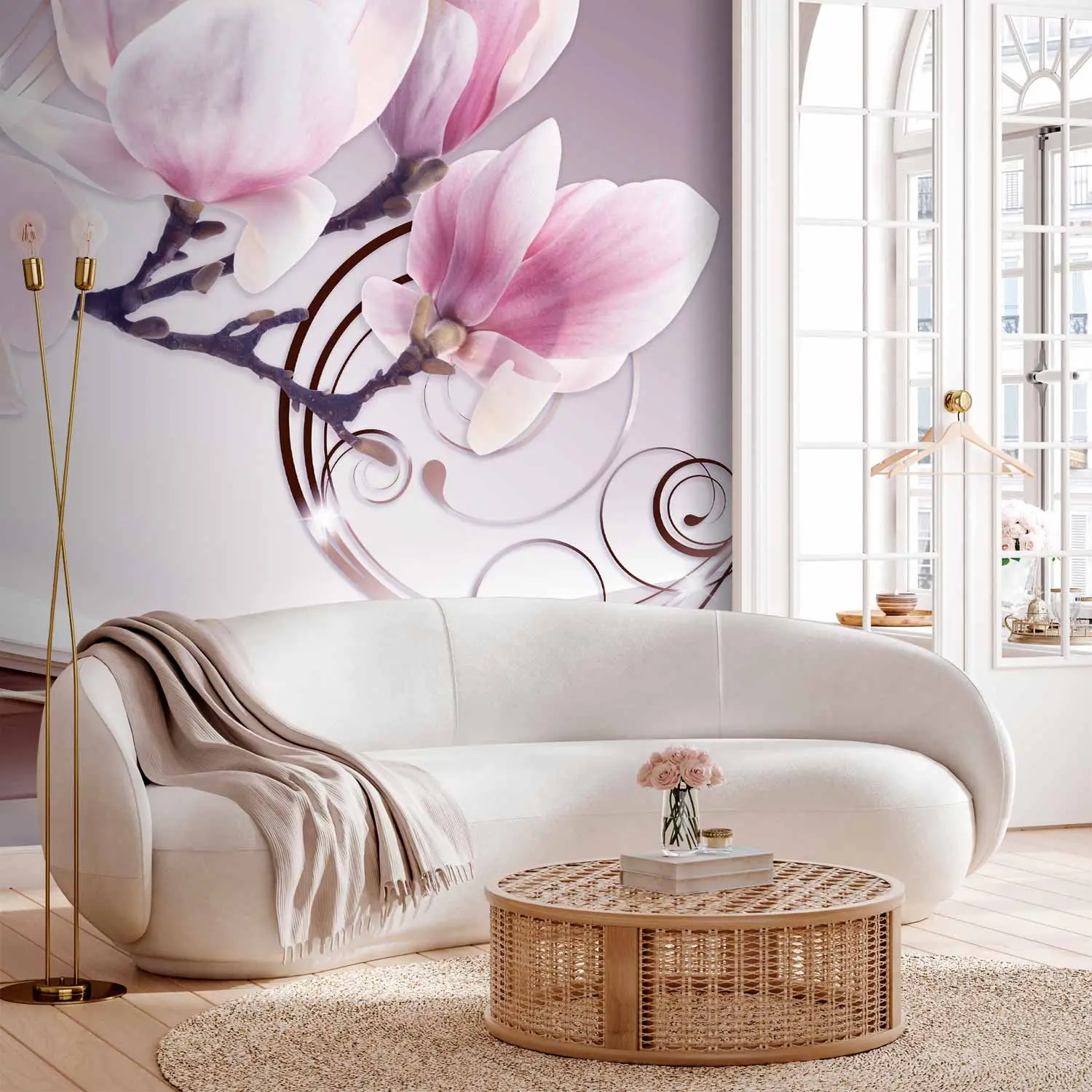 Wall Mural Delicate Abstraction - Magnolia flowers on a pink background with patterns - bimago