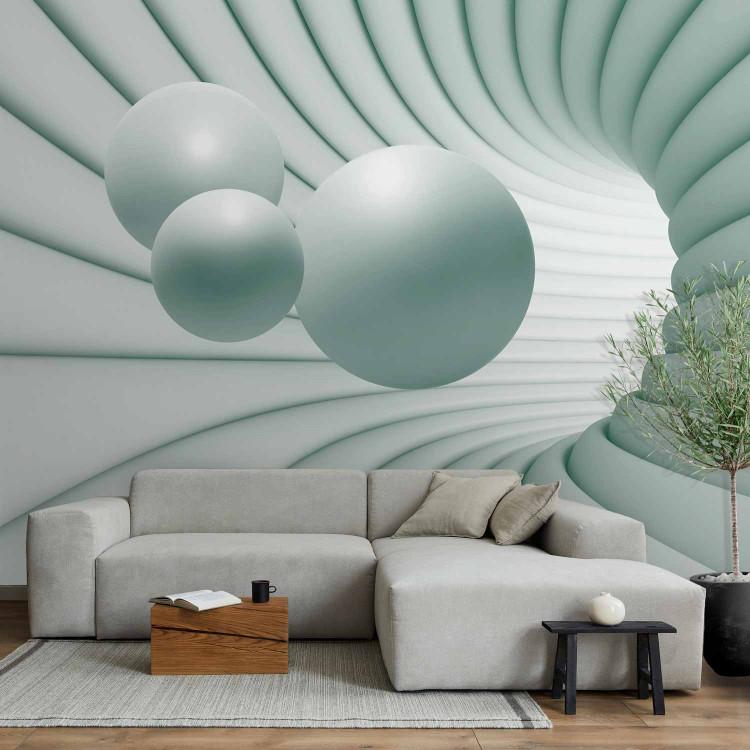 Wall Mural Spatial Abstraction - Light mint tunnel with three spheres, 3D illusion