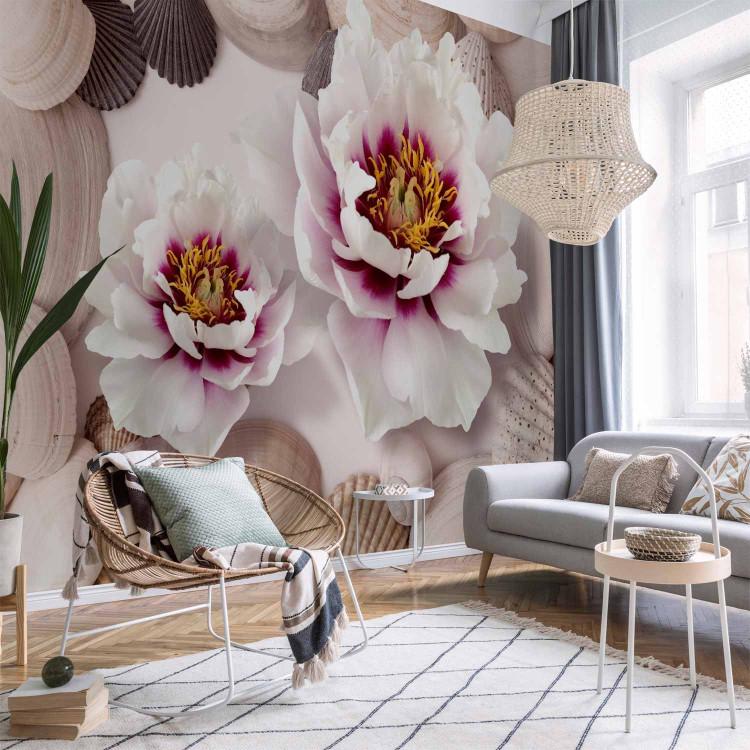 Wall Mural Composition with Seashells - White peonies surrounded by different shells