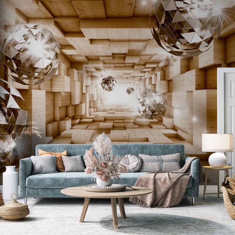 Wall Mural Road to Light - geometric wooden tunnel with glass spheres