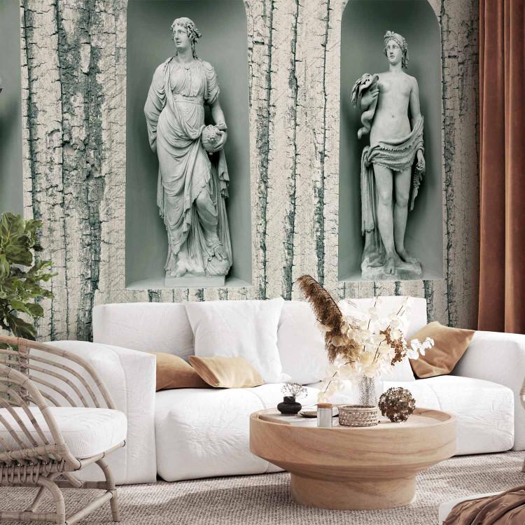 Wall Mural Ancient Wood - three antique figures on a background of white wood