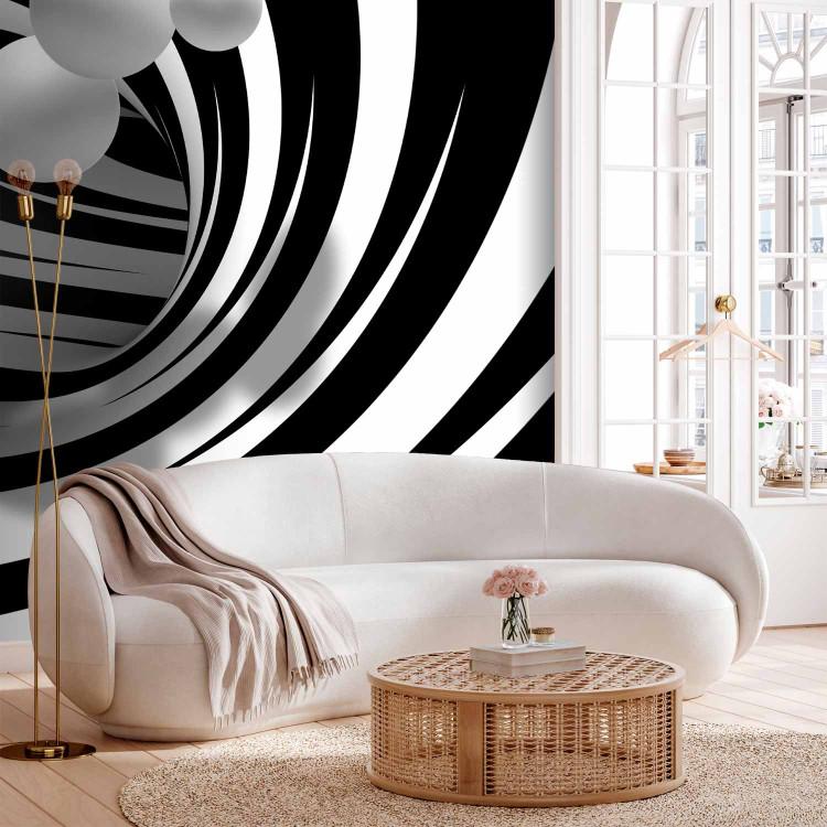 Wall Mural Modern Abstraction - black and white tunnel with 3D depth illusion and balls
