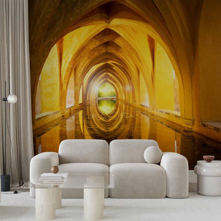 Wall Mural Golden Corridor - old tunnel architecture with water and depth illusion