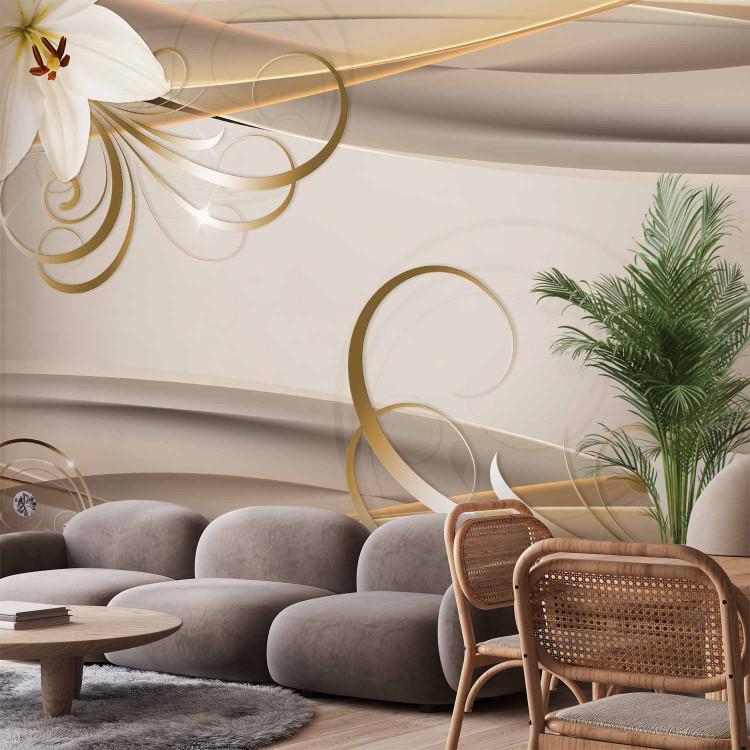 Wall Mural Glamour Composition - white lilies with golden spirals on a beige background