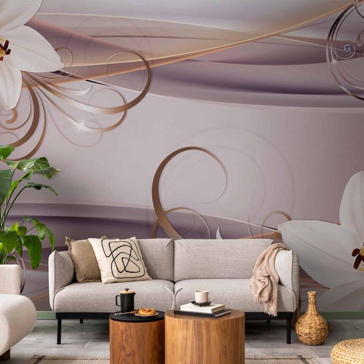 Wall Mural Glamour Composition - white lilies with golden ornaments and diamonds