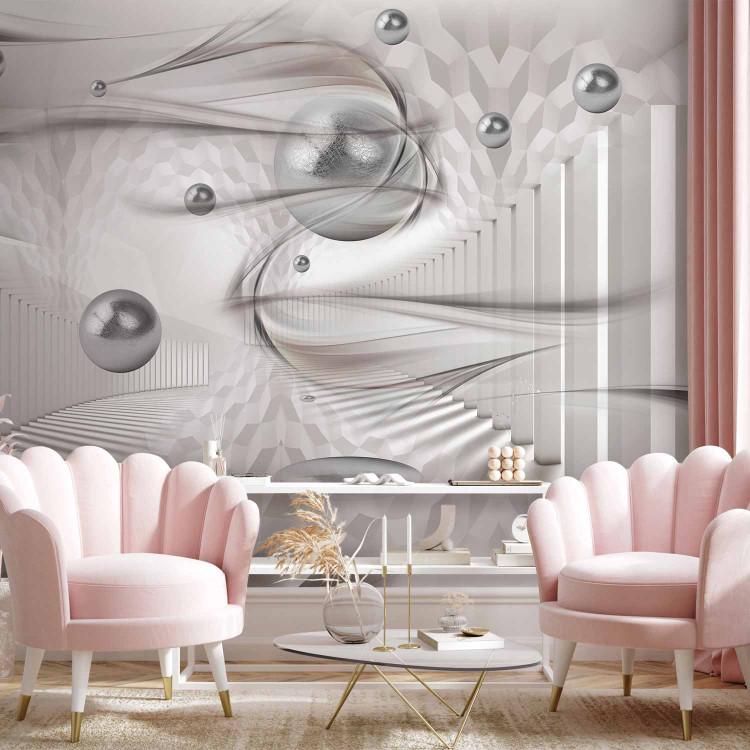 Wall Mural Futuristic Art - silver spheres surrounded by columns and designs