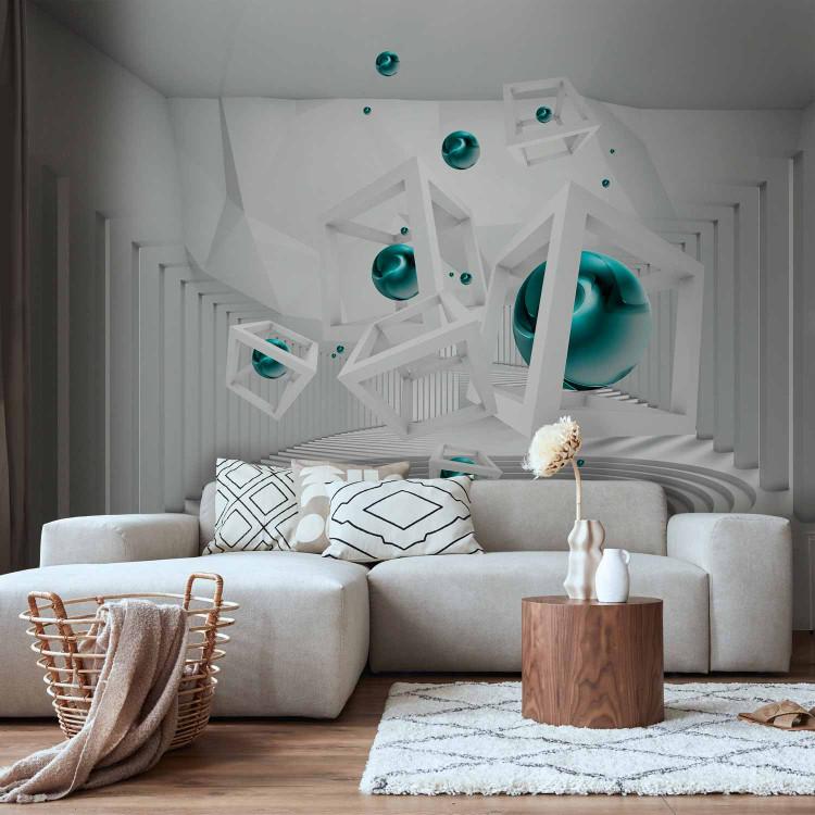 Wall Mural White Abstract Space - blue-green geometric figures