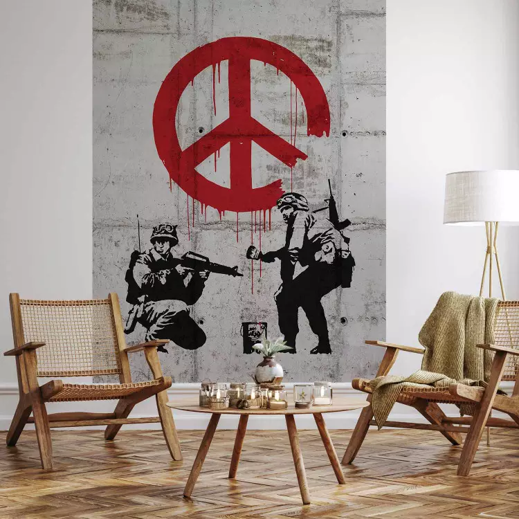 CND Soldiers - gray graffiti mural by Banksy featuring soldiers and a peace sign