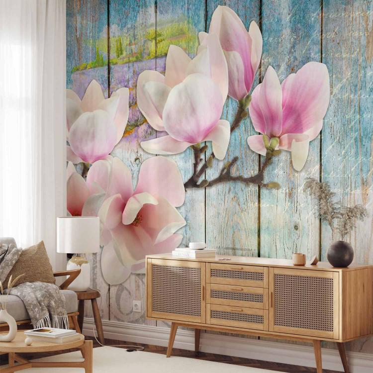 Wall Mural Pink Flowers on Wood