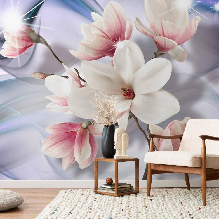 Wall Mural Magnolias on a branch - white flowers on a background of blue wavy patterns