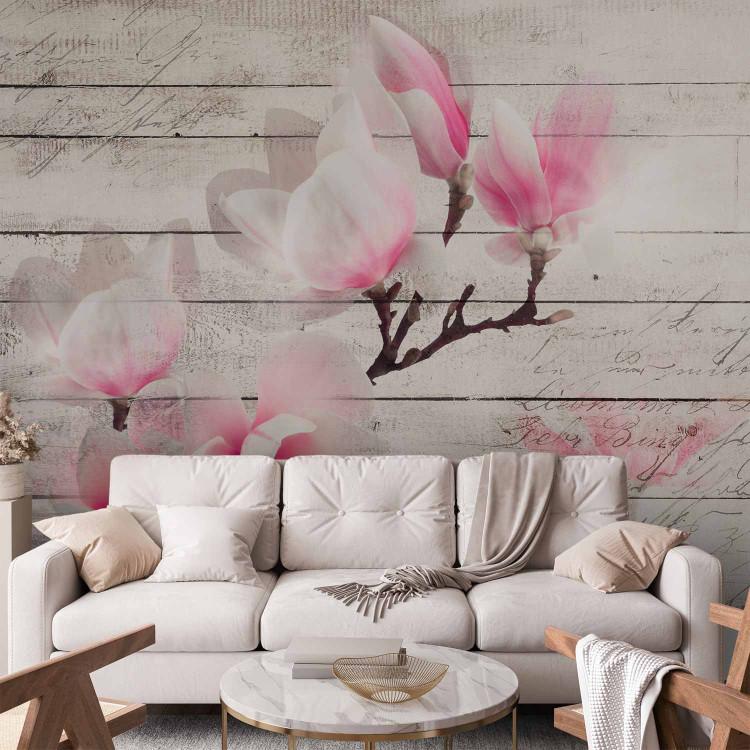 Wall Mural Delicacy of magnolias - pink and white flower against white wood planks