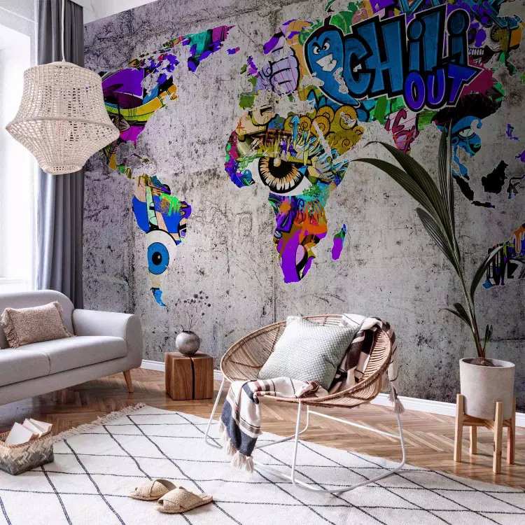 Wall Mural Colourful world - graffiti style world map on grey concrete background