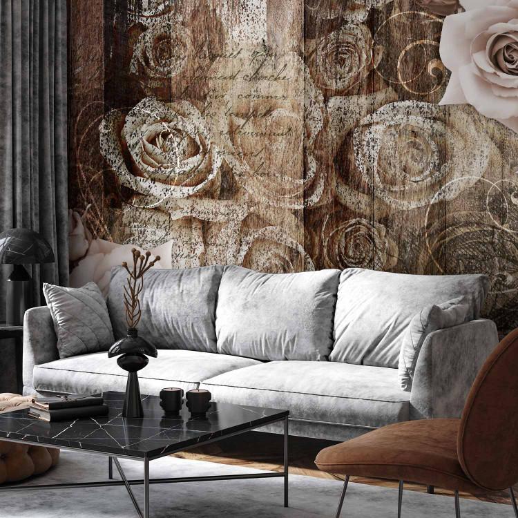 Wall Mural Old wood and flowers - pale roses in retro style on boards with lettering