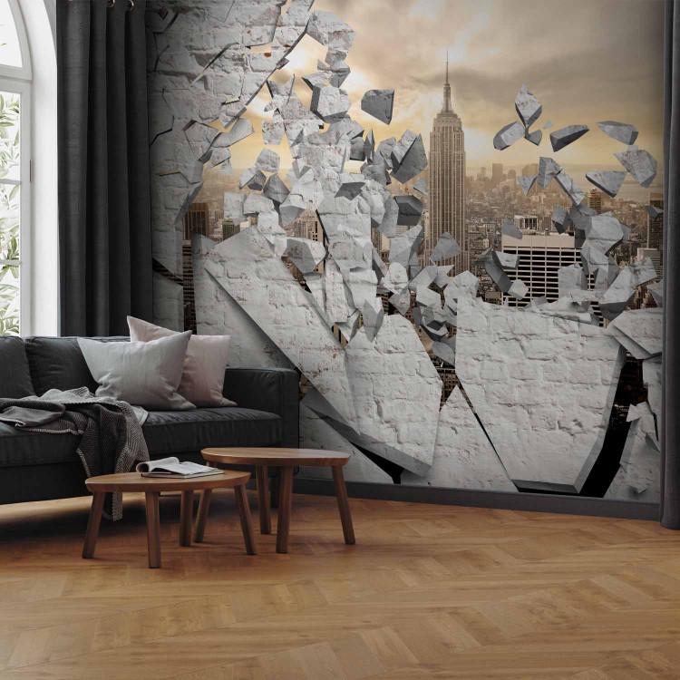 Wall Mural Landscape from behind a white brick wall - landscape of New York with clouds