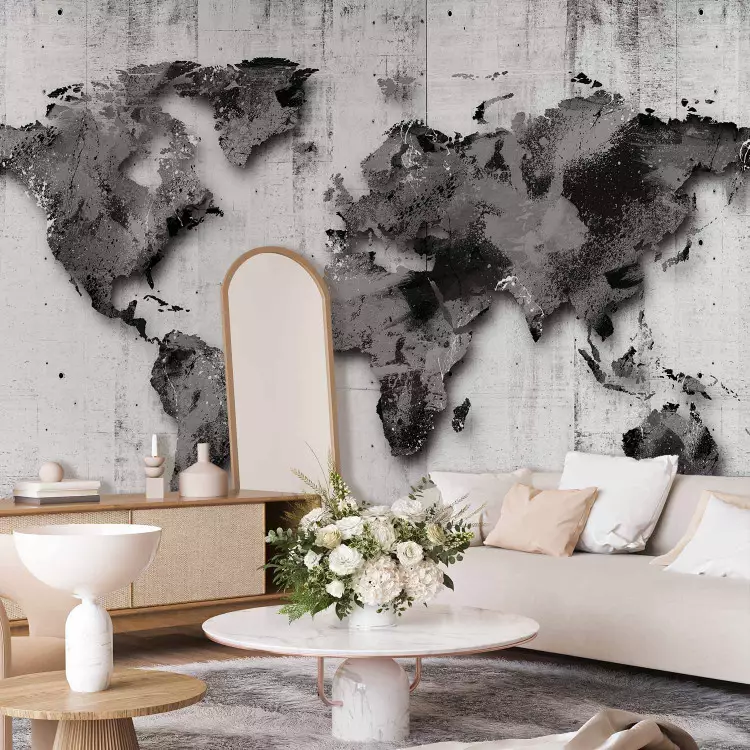 World in shades of grey - world map on retro wooden background