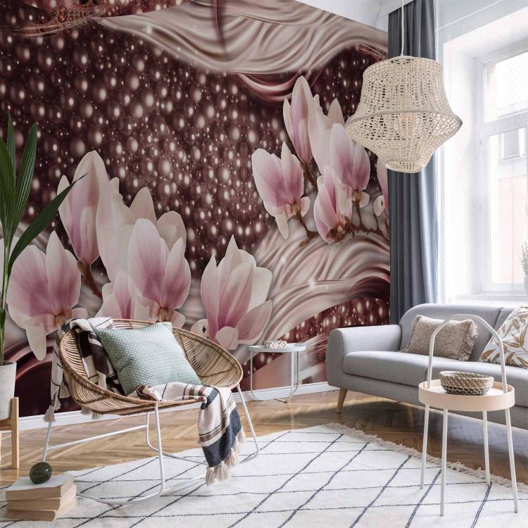 Wall Mural Sparkling pearls - pink magnolia flowers on a background of delicate patterns