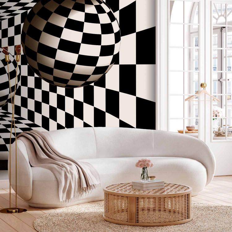 Wall Mural 3D tunnel abstraction - illusion of a corridor in a black and white chequered pattern