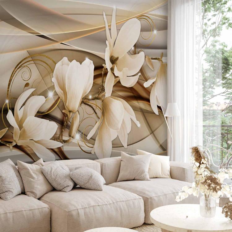 Wall Mural Yellow magnolias - flowers on a delicate background with shiny patterns