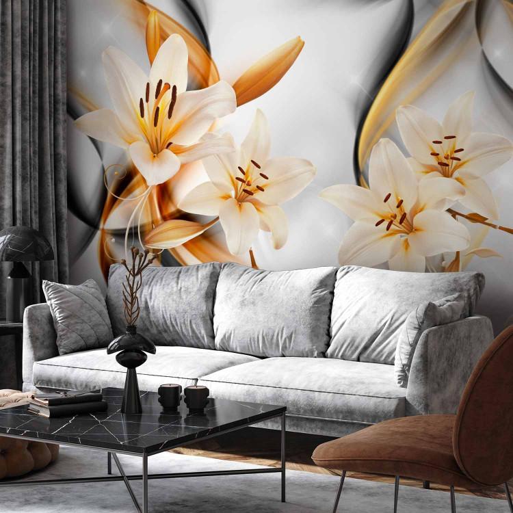 Wall Mural Orange lilies - blooming flowers on a grey background with patterns
