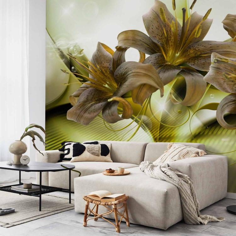 Wall Mural Four lilies - green abstraction with illuminated background and patterns