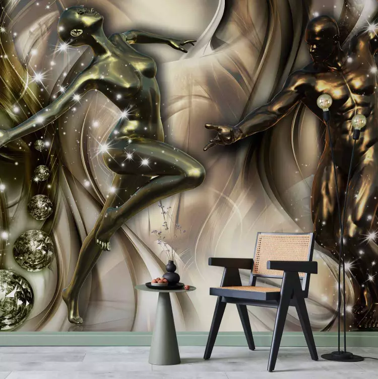 Wall Mural Dancing couple - two figures on an abstract background with waves and glow