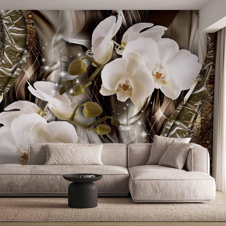 Wall Mural White orchids - flowers on a shiny gold and silver patterned background