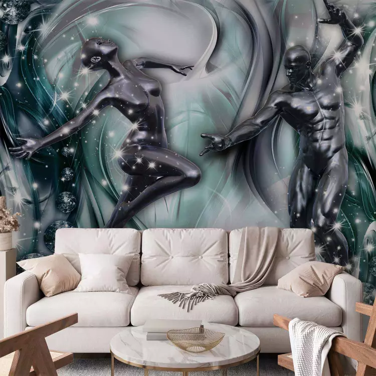 Wall Mural Frozen couple in dance - silver figures on a blue patterned background