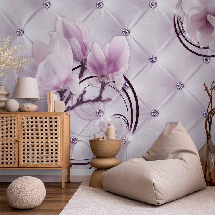 Wall Mural Blooming magnolia flowers with pattern - purple quilting with diamonds