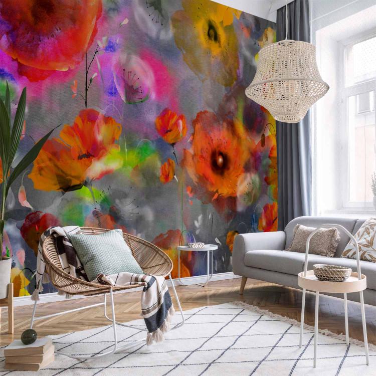 Wall Mural Nature painted in watercolour - colourful field flowers poppies on grey background