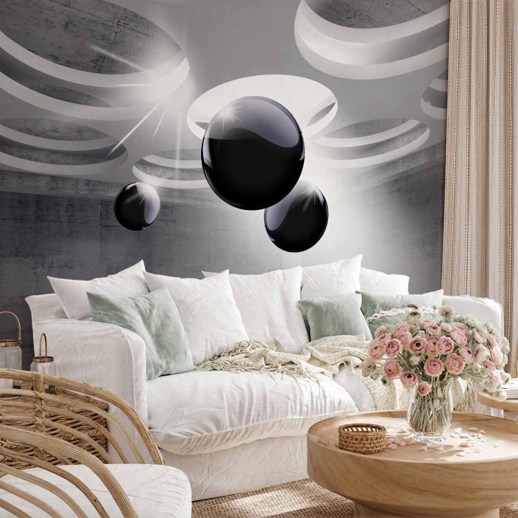 Wall Mural Black and white geometric figures - concrete space with three spheres