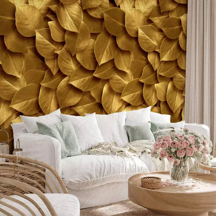 Wall Mural Priceless nature - solid background with pattern of golden tree leaves