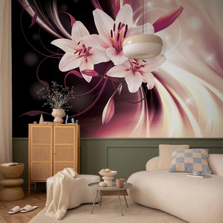 Wall Mural Light and dark - lilies on a subtle background with pattern and glow