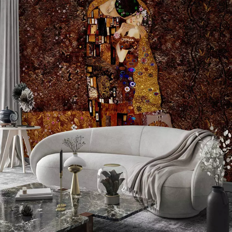 Wall Mural Klimt-inspired composition - a pair of figures kissing in a clearing
