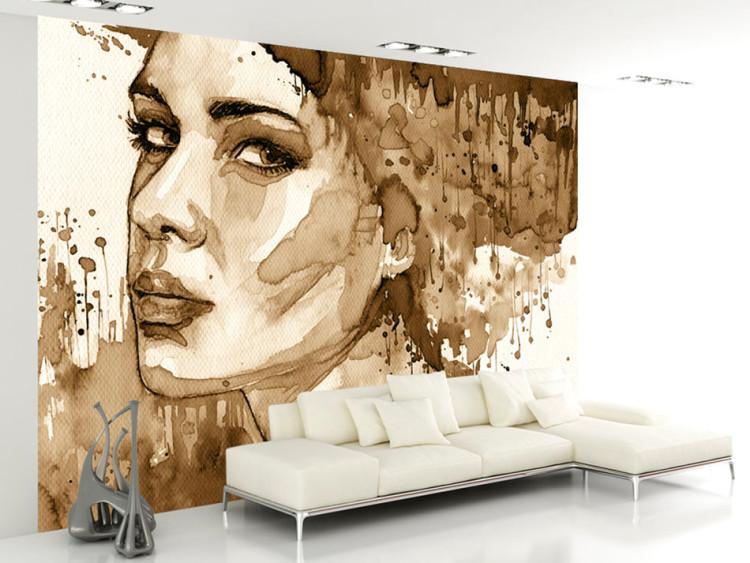 Wall Mural Portrait of a woman - silhouette of a woman in brown watercolour in sepia motif
