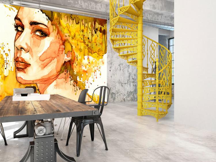 Wall Mural Amber portrait of a woman - silhouette and face of a woman in yellow watercolour