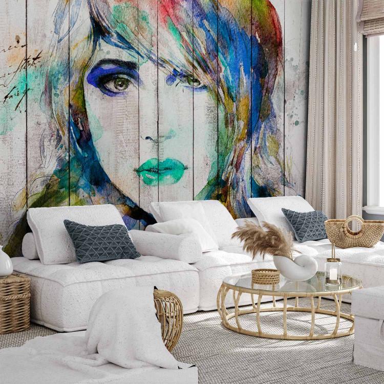 Wall Mural Portrait of a female face - watercolour in cool tones and white wood