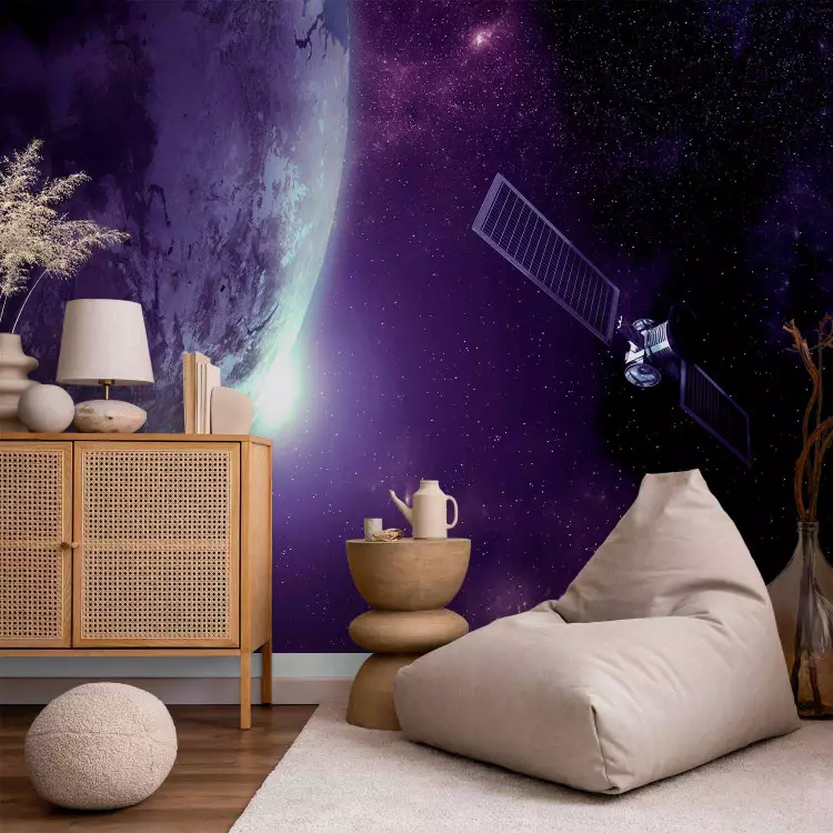 Wall Mural Purple Universe - cosmic landscape with stars, Earth, and a satellite