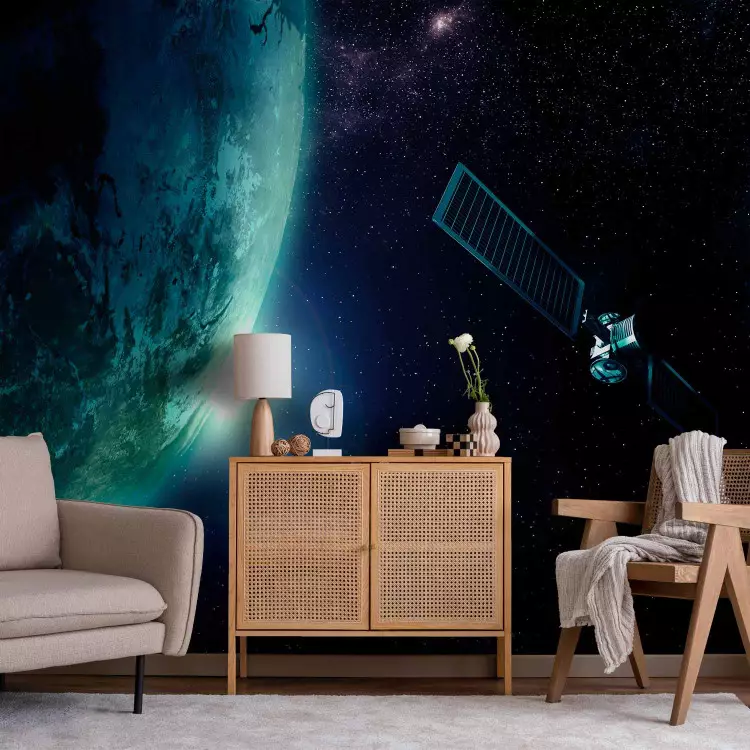 Wall Mural Enchanting Cosmos - galaxy landscape with Earth and drifting satellite