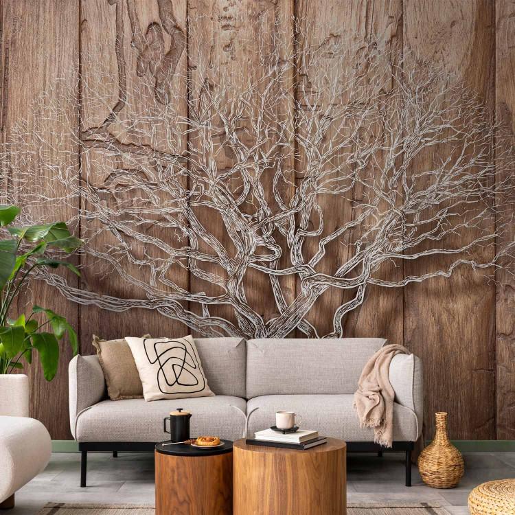 Wall Mural Wooden Landscape - Leafless Tree on Background of Brown Wooden Planks