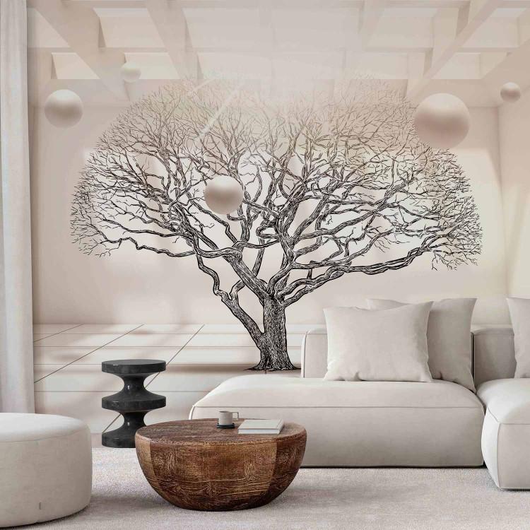 Wall Mural Geometric Landscape - Leafless Tree in Beige Space with Spheres