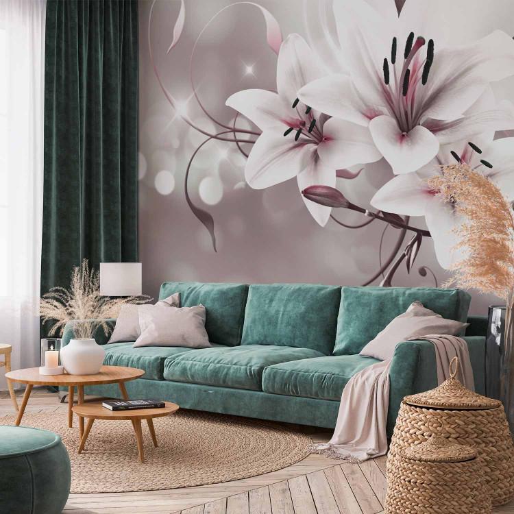 Wall Mural White Flowers on Gray Background - Floral Pattern of Lilies with Twinkling Lights