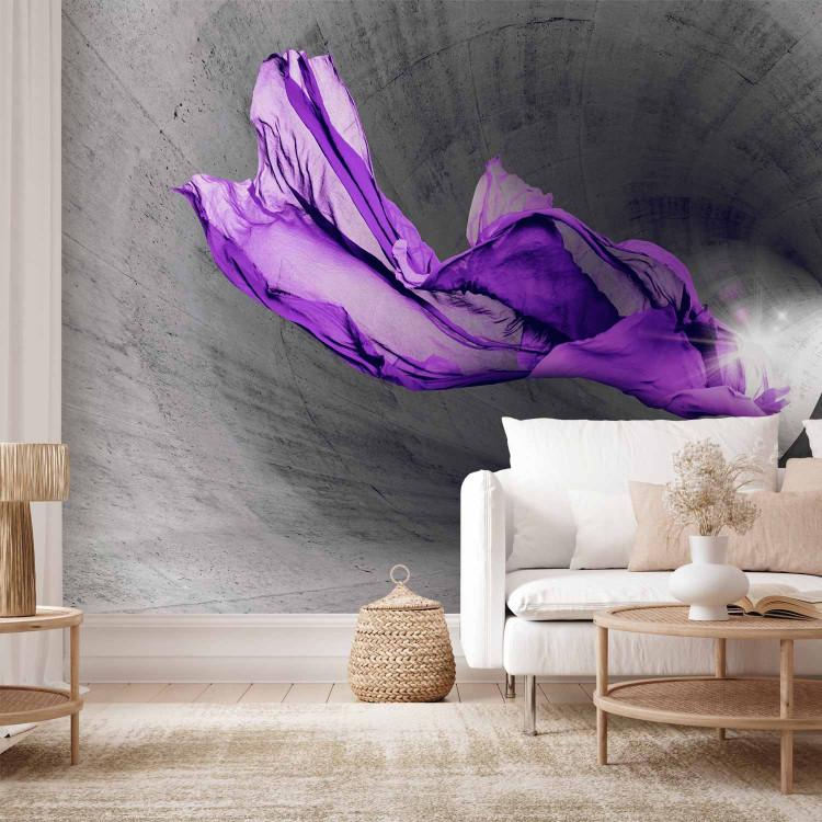 Wall Mural Abstract Spirit - Purple Fabric Motif in Gray Concrete Tunnel