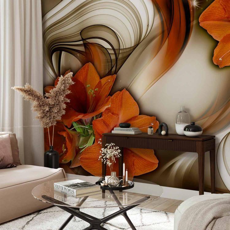 Wall Mural Orange Amaryllis - Flowers on Cool Background with Wavy Patterns