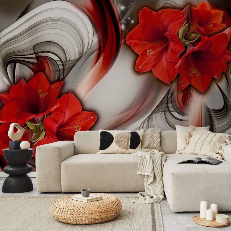 Wall Mural Red Amaryllis - Flowers on Abstract Background with Wavy Patterns