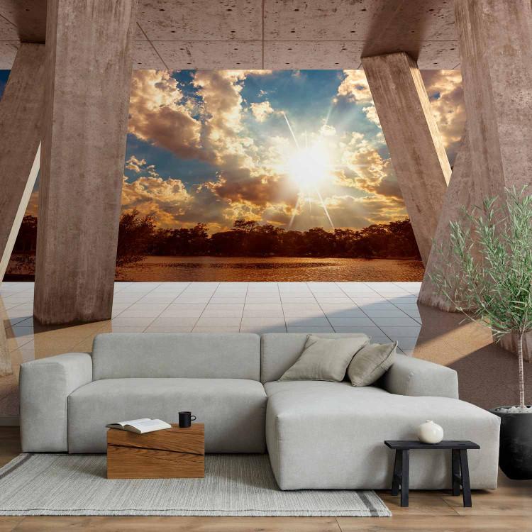 Wall Mural Landscape with Concrete Columns - View of Lake, Clouds, and Sepia Tone