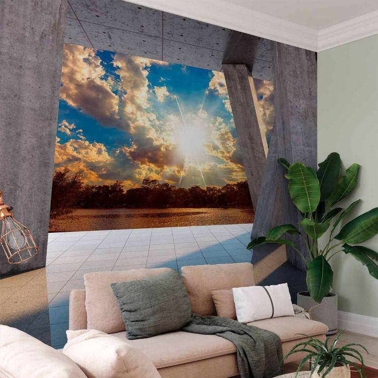 Wall Mural Landscape with Concrete Columns - View of Lake, Clouds, and Sun