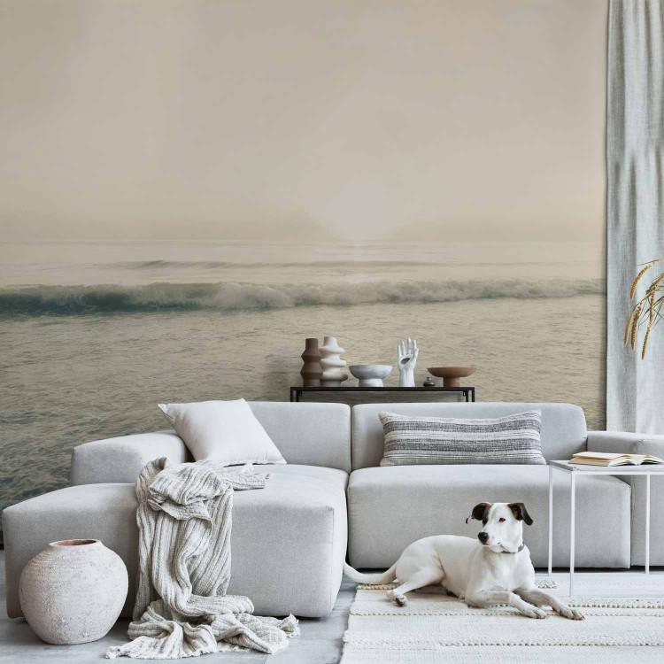 Wall Mural On the Sandy Beach - Black and White Landscape of Calm Sea with Waves