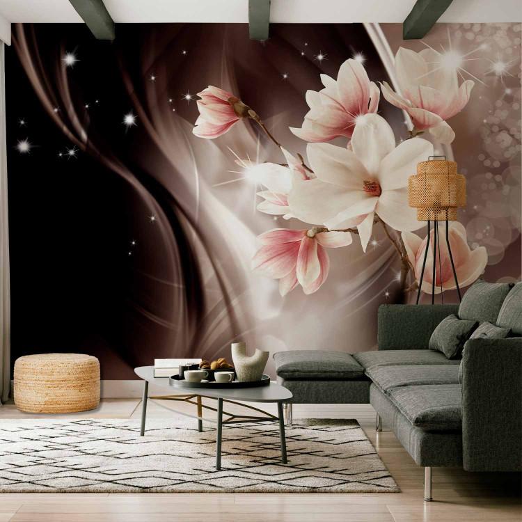 Wall Mural Magical Magnolias - Abstract Composition of Flowers on Glamorous Background with Waves
