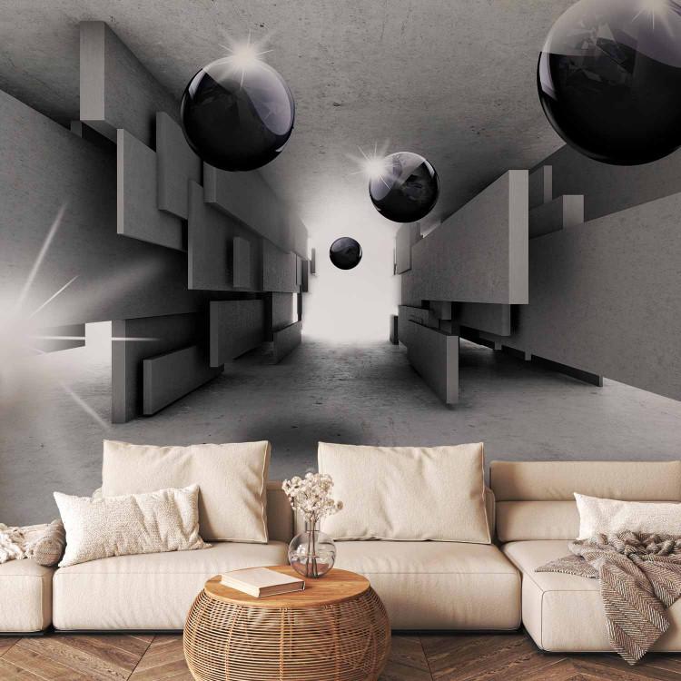 Wall Mural Grey geometric tunnel - space with black spheres and light