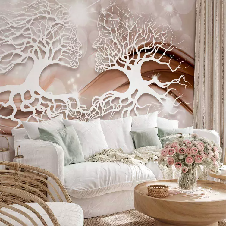 Wall Mural Abstract love - tree branches with kissing form on light background